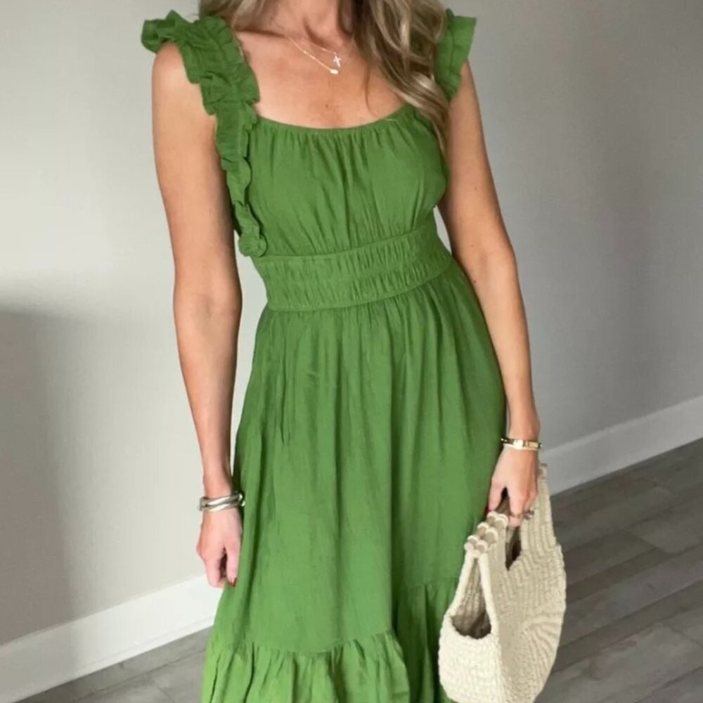 Abercrombie & Fitch Green Ruched Flutter Maxi Dress Olive M